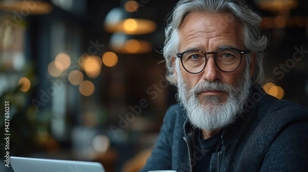 Obraz Contemplative elderly man with gray beard and glasses sitting in warm cozy cafe setting deep in thought looking pensive and introspective