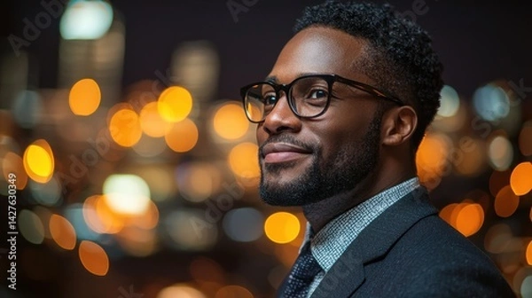 Obraz Confident and Serious Looking African American Businessman in Suit and Tie Overlooking Glowing Cityscape with Lights and Bokeh Effect at Night