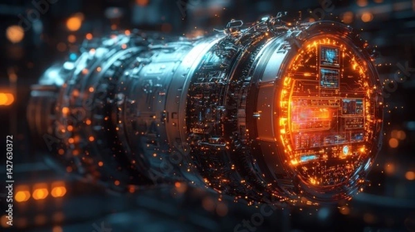 Obraz Futuristic cyberpunk inspired glowing and illuminated energy sphere explosion over a dark urban cityscape backdrop  3D digital with neon lights technology and abstract architectural elements