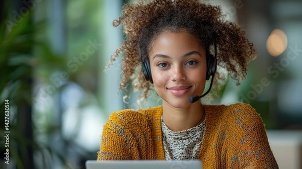 Obraz Cheerful Curly haired Young Woman Smiling Confidently in Casual Attire with Natural Hairstyle Against Blurred Background