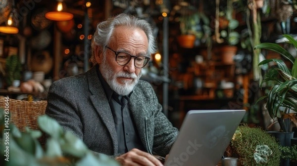 Fototapeta Thoughtful senior gentleman with grey beard contemplating or working intently at his desk in an office setting with a laptop computer