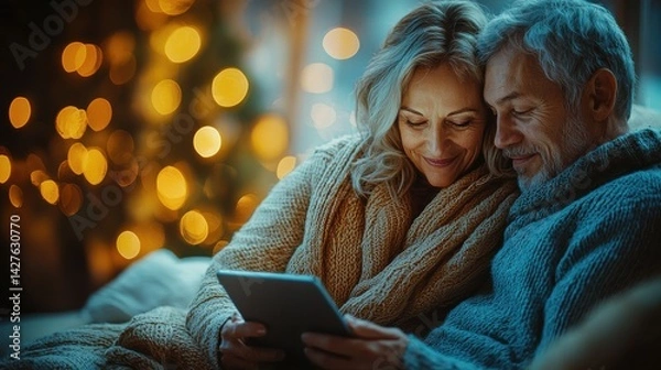 Obraz Cozy couple snuggling together under twinkling lights in a cozy winter cottage surrounded by snowy landscape  They are sharing an intimate romantic moment filled with warmth