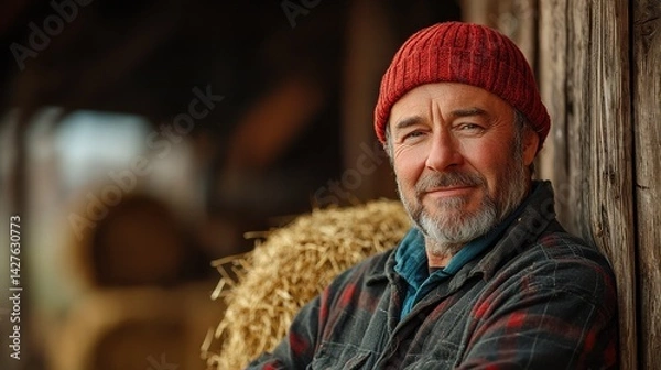 Obraz Friendly Elderly Man with Grey Beard Wearing a Red Knit Hat Leaning Against a Weathered Wooden Wall in a Cozy Rustic Cabin or Shed Setting