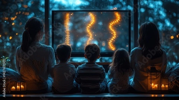 Obraz Family silhouettes sitting together and enjoying a cozy winter night while gazing out the candlelit window creating a heartwarming atmospheric and nostalgic scene of togetherness