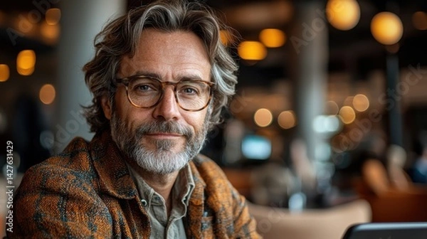Obraz Mature Bearded Man with Gray Hair Wearing Glasses Looks Thoughtfully at in Cozy Indoor Setting Conveying Wisdom Intelligence and Professionalism