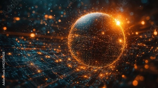 Fototapeta Glowing digital sphere or globe with an intricate web of interconnected lines and points of light representing the global network of technology data and digital infrastructure