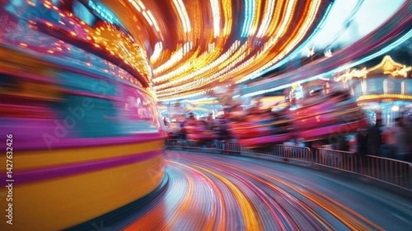 Fototapeta Vibrant carousel spinning at fairground with colorful lights and joyful crowd