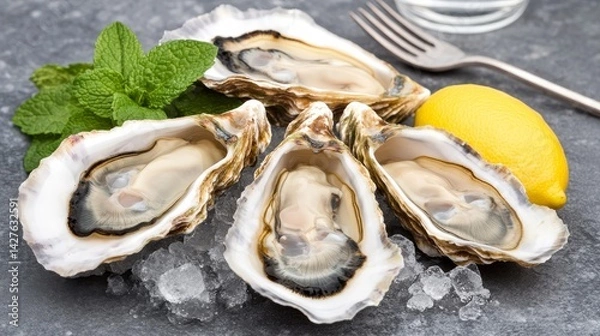 Obraz Open-shell oysters on ice with lemon in top view on a gray background, accompanied by fresh mint leaves, a fork, and a glass of water, showcasing a natural delicacy in a close-up real photo.