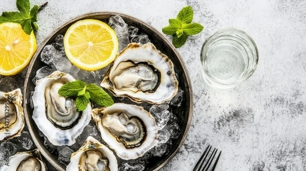 Obraz Gray background highlights top-view oysters on ice with lemon in open shells, fresh mint leaves, a fork, and a glass of water, capturing a natural delicacy concept in a detailed real photo.