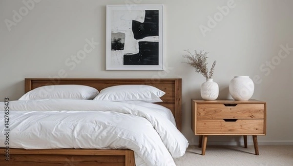Obraz  a minimalist and modern bedroom interior. The layout features a wooden bed frame with crisp white bedding