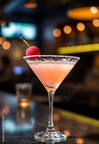 Fototapeta A Refreshing Pink Cocktail Garnishes with a Red Berry, sits on a sleek bar counter in a dimly lit setting.