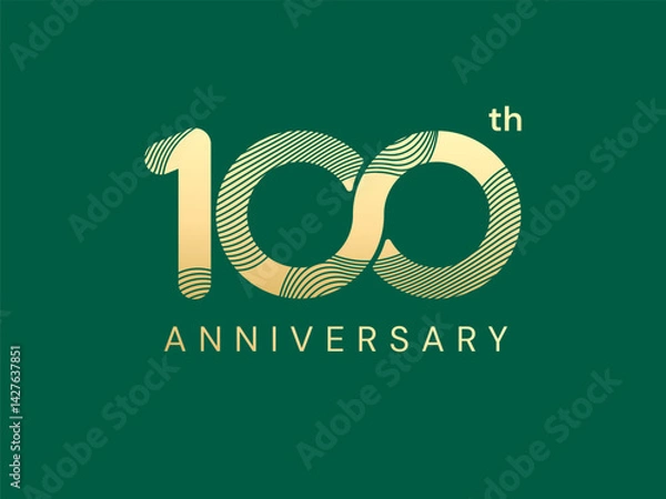 Fototapeta 100th Anniversary luxury gold celebration with curved lines in Shapes number logo typography vector design twisted infinity concept. One Hundred years anniversary gold number for business, card, web.