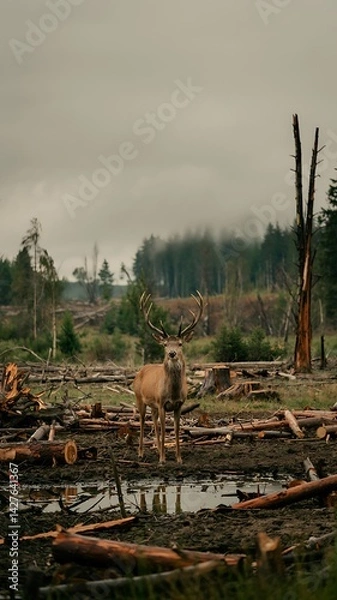 Fototapeta Solitary deer standing in deforested area with misty sky, fallen logs, environmental impact, somber mood

