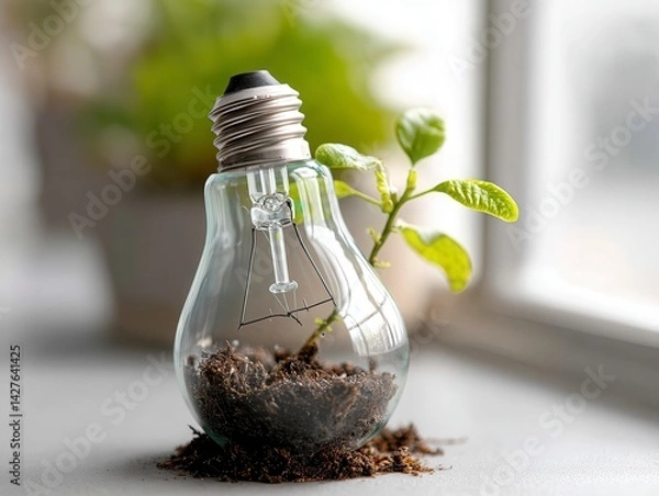 Fototapeta Light bulb stands in soil next to green plant sprout. Renewable energy eco tech environment protection Earth Day. Concept for ecology innovation conservation. Concept for green
