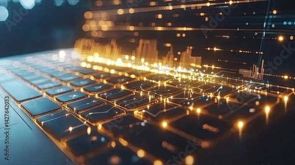 Fototapeta Digital Data Flowing on Laptop Keyboard.