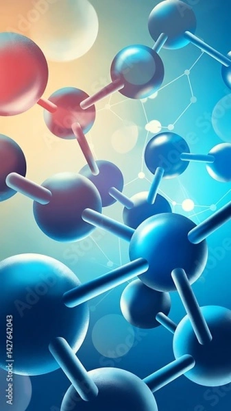 Fototapeta Close-up molecular structure with glossy blue atoms, translucent bonds, gradient background, modern scientific illustration

