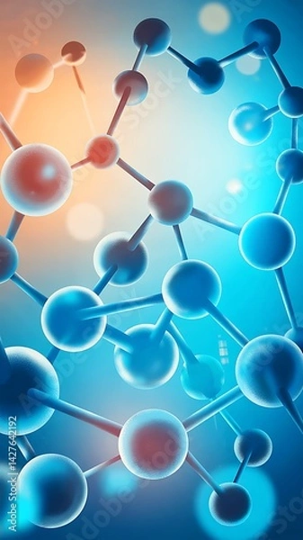 Fototapeta Close-up molecular structure with glossy blue atoms, translucent bonds, gradient background, modern scientific illustration

