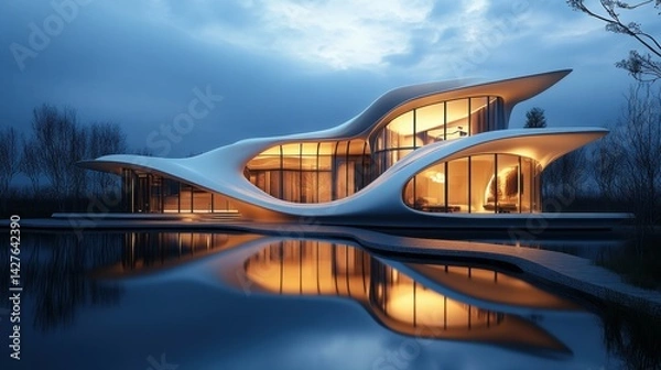 Fototapeta Stunning futuristic house with flowing design features illuminated at dusk, reflected in tranquil water, highlighting architectural innovation and luxury living. Copy space