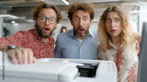Fototapeta Printer Problems: A trio of office colleagues stare in disbelief as a malfunctioning printer spews out a comical array of paper