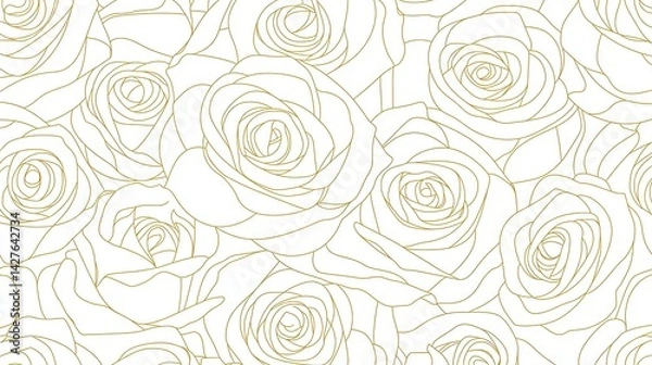 Fototapeta Seamless rose pattern with soft gold line art on white background, showcasing delicate floral outlines in a romantic and elegant vector illustration ideal for print-on-demand designs.