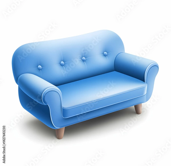 Fototapeta A blue sofa icon, transparent background, vector style, 3D rendering effect, high resolution, front view, high detail, soft lighting, no shadows on the ground, high definition.