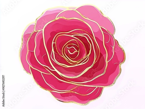 Fototapeta Minimalistic watercolor rose flower with gold line accents in pink and red pastel tones, isolated on white background in flat 2D vector illustration style. 