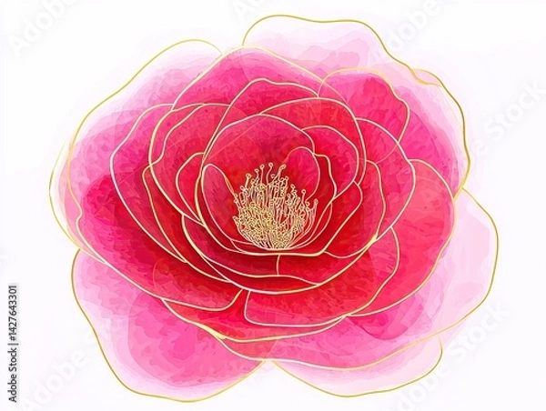 Fototapeta Minimalistic watercolor rose flower with gold line accents in pink and red pastel tones, isolated on white background in flat 2D vector illustration style.  