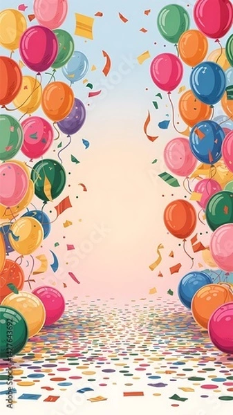 Fototapeta Colorful celebration scene with balloons and confetti on soft gradient background and ample central negative space

