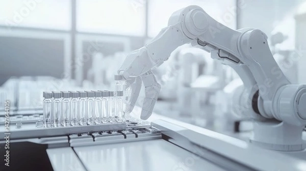 Fototapeta Robotic Arm Handling Test Tubes in Modern Lab.