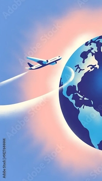 Fototapeta Stylized globe with airplane flying along curved path, travel, global connectivity, soft gradient background

