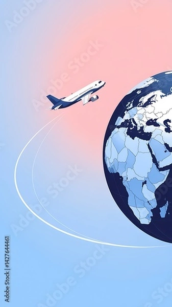 Fototapeta Stylized globe with airplane flying along curved path, travel, global connectivity, soft gradient background

