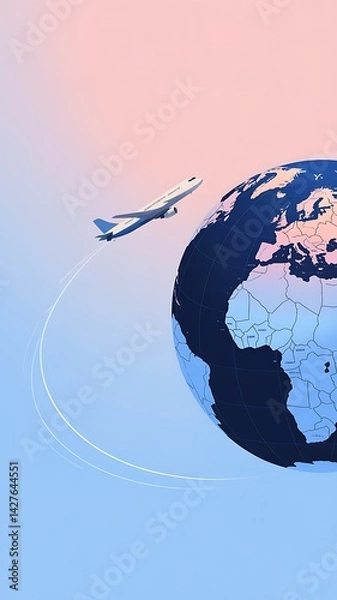 Fototapeta Stylized globe with airplane flying along curved path, travel, global connectivity, soft gradient background

