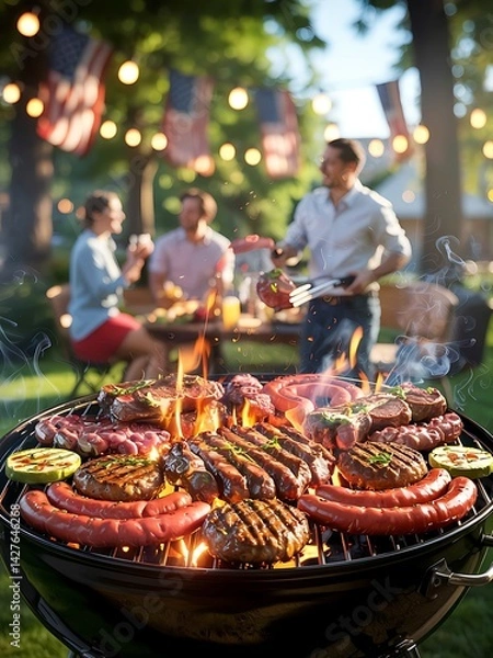 Fototapeta Festive barbecue grill scene with Family and Friends,sizzling sausages, blurred bistro lights, and patriotic American flags in background

