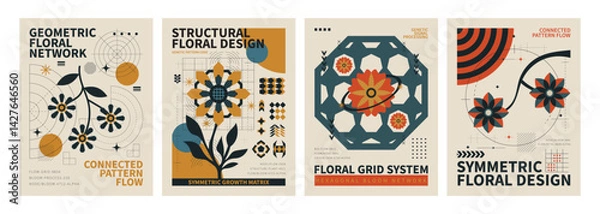 Obraz Geometric Floral Design Posters: A set of four unique and aesthetically pleasing posters featuring geometric floral designs in vibrant colors.