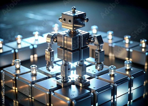 Fototapeta Programmable Matter Robot: Metallic Chrome Voxels Forming Humanoid 