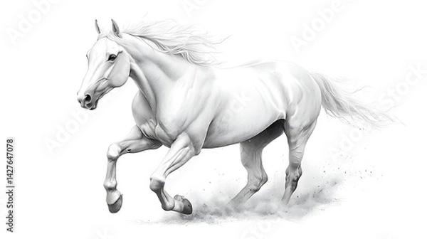 Fototapeta Graceful white horse running in an open field nature scene dynamic composition