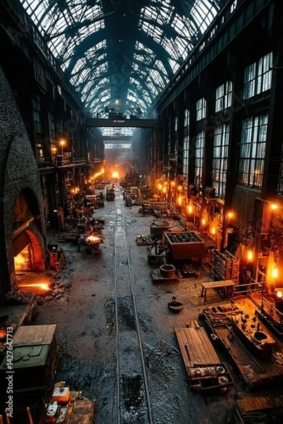 Fototapeta Interior view of a large industrial building with rows of machinery and windows.
