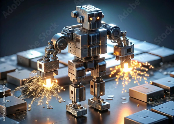 Fototapeta Programmable Matter Robot: Metallic Chrome Voxels Forming Humanoid 