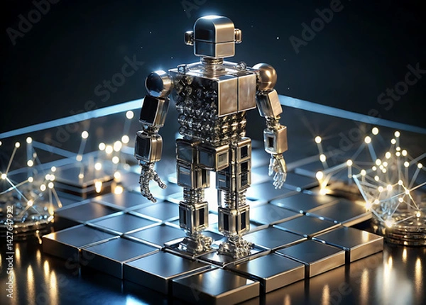 Fototapeta Programmable Matter Robot: Metallic Chrome Voxels Forming Humanoid 