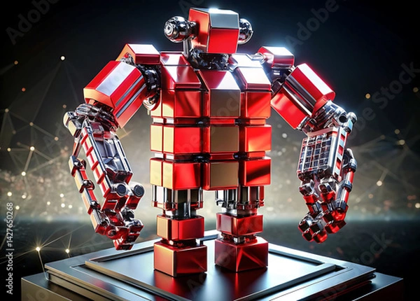 Fototapeta Programmable Matter Robot: Metallic Chrome Voxels Forming Humanoid 