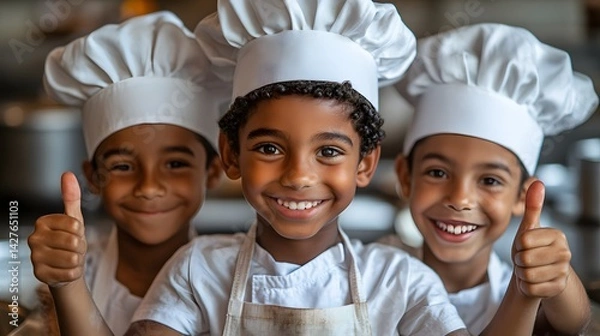 Fototapeta Diverse children joyfully engaging in baking and cooking activities in a kitchen setting,
