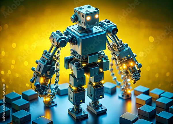 Fototapeta Programmable Matter Robot: Metallic Chrome Voxels Forming Humanoid 