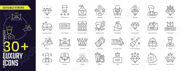 Obraz Luxury Stroke icon collections. Containing Luxury, Affluence, Vip Ticket, Value, Jewelry, Famous, King, Premium, Luxurious, Vip, and Gold icons. Editable Stroke icon collection Outline icon