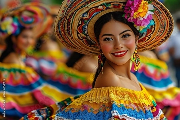 Fototapeta A vibrant celebration of Cinco de Mayo featuring women in colorful traditional costumes, perfect for promoting cultural events and festive gatherings.