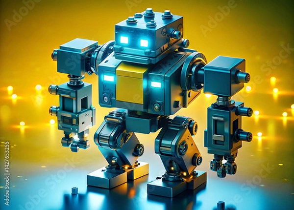 Fototapeta Programmable Matter Robot: Metallic Chrome Voxels Forming Humanoid 