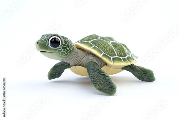 Fototapeta Cartoon sea turtle with large eyes on white background.