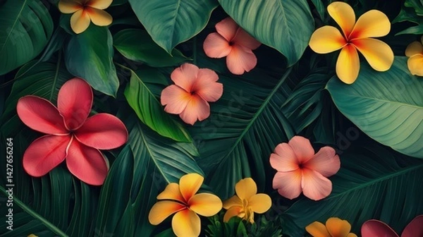 Fototapeta A vibrant tapestry of colorful flowers stretches across the background, bursting with hues of red, yellow, pink, and purple.