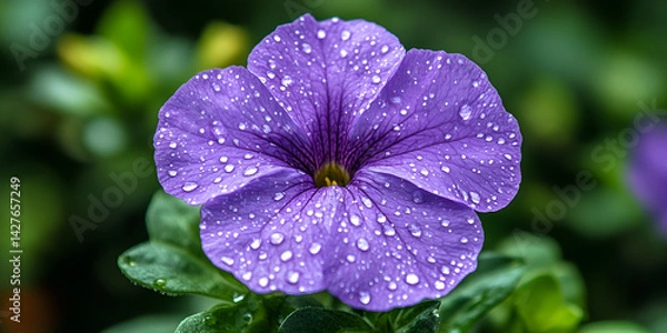 Fototapeta Close-up of Purple Petunia with Water Droplets, Purple Petunia Flower After Rain, Macro Shot of Purple Petunia with Dew Drops


