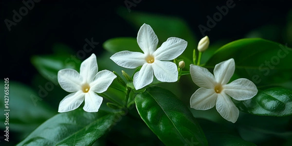 Fototapeta Close-up of White Jasmine Flowers, Group of White Jasmine Flowers on Green Leaves, Beautiful White Jasmine Blossoms in Nature

