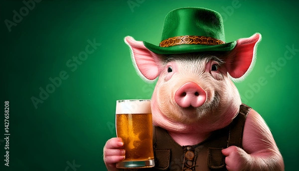 Fototapeta Pig Holding Beer on Green Gradient Background style 01